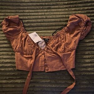 Forever 21 Rusty Rose Puff Sleeve Cropped Tie Front Top